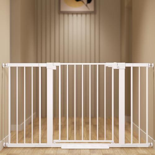 29-54 inches Extra Wide Metal Baby Gate for Stairs/Doorways, 30 inches Tall Pressure Mounted Pet Gates, Auto-Close Child Safety Gate, No Drilling Easy Walk-Through Dog Gate Indoor, White by Unknown