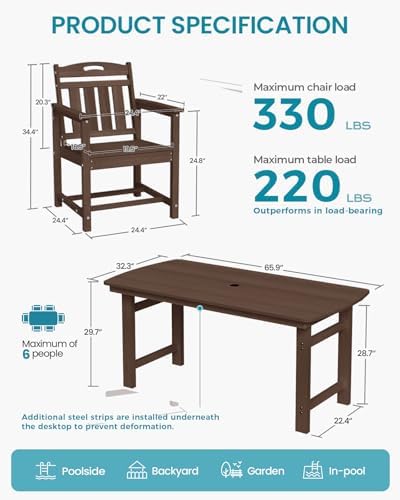 Ciokea HDPE Outdoor Patio Dining Table, All-Weather Furniture, Brown - Image 2