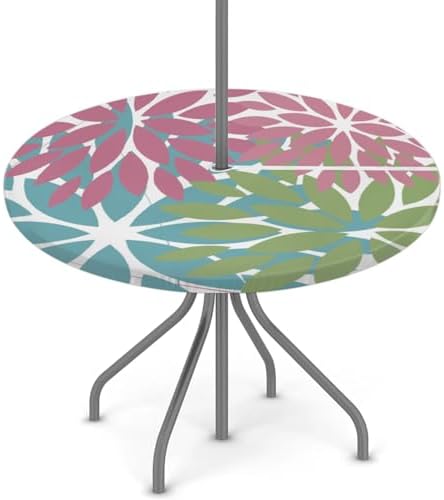 Round Tablecloth with Umbrella Hole and Zipper Elastic Fitted Table Cloth 36"-44" Oil-Proof Waterproof Patio Table Cover for Outdoor Picnic Party, Spring Summer Geometric Elegant Pink Green by GzLeyigouHomeKitchen