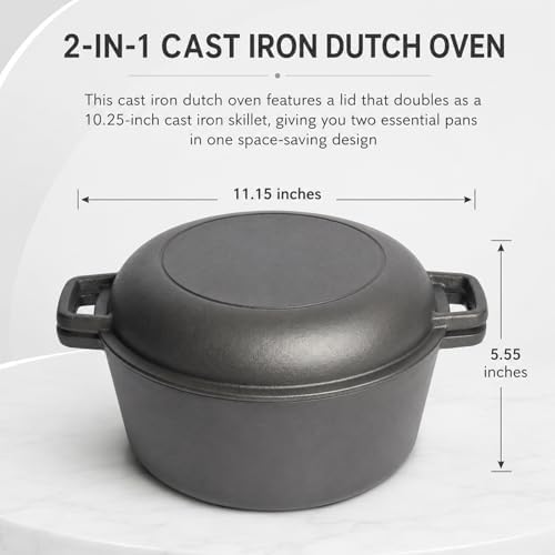 Cast Iron 5 Quart Double Dutch Oven-2-in-1 Pre-Seasoned Pot & Skillet Combo - Image 2