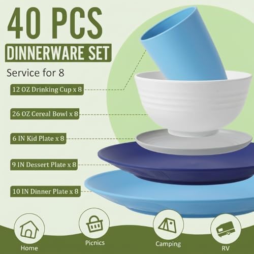 Dinnerware Set 40 PCS Wheat Straw Dishes Set - Service for 8 Unbreakable Plastic Dish Set Microwave Safe Plates and Bowls Sets Lightweight Cups Sets Outdoor Dishes - Island Colors - Image 2