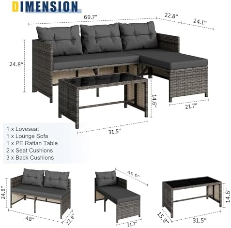 Vongrasig 3 Pieces Patio Furniture Sets, All-Weather Wicker Outdoor Sofa Couch Sectional Set, Small Conversation Set for Patio, Garden w/Cushion, Glass Table, (Grey) - Image 3