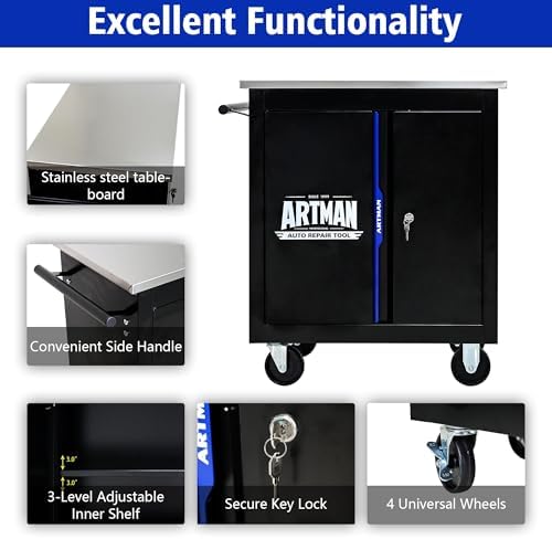 Double-Door Heavy-Duty Rolling Steel Tool Cart with Handle&Wheels, Metal Storage Organizer Cabinet, Tool Chest for Efficient Tool Storage in Garage, Warehouse, Workshop, Repair Shop, Blue - Image 5