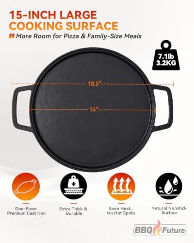 14 Inch Cast Iron Pizza Pan with Silicone Handle Grips, Pre-Seasoned - Image 2