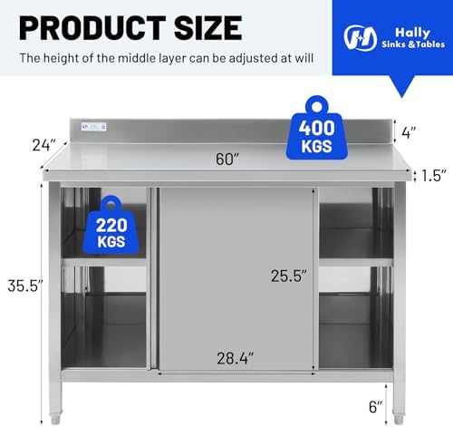 Hally Stainless Steel Cabinet 24"x60" Commercial Prep Workbench Backsplash - Image 2