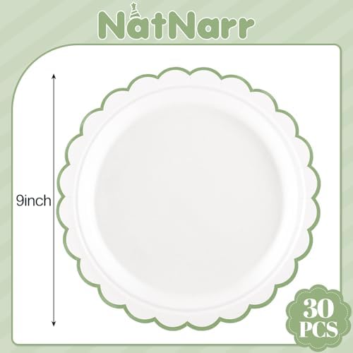 NatNarr 30 Pk Sage Green Paper Plates 9" Scalloped Green White Party Plates - Image 2
