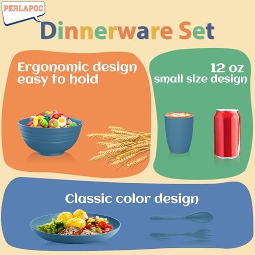 Wheat Straw Dinnerware Sets for 4, Reusable Plastic Dinner Plates, Unbreakable Kids Plates and Bowls Sets 20 PCS, Dishwasher & Microwave Safe Kitchen Camping Dorm Dish Sets- Blue - Image 6