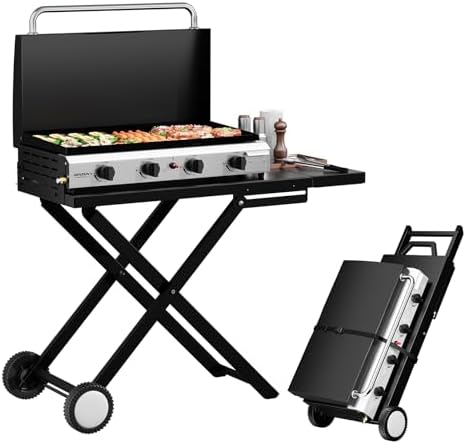 ROVSUN 4 Burner Foldable Propane Griddle with Wheels, Enameled Tray & Lid, 40000 BTU Portable Rolling Flat Top Gas Grill with Electronic Ignition & Regulator for Outdoor Cooking Camping BBQ Tailgating by ROVSUN