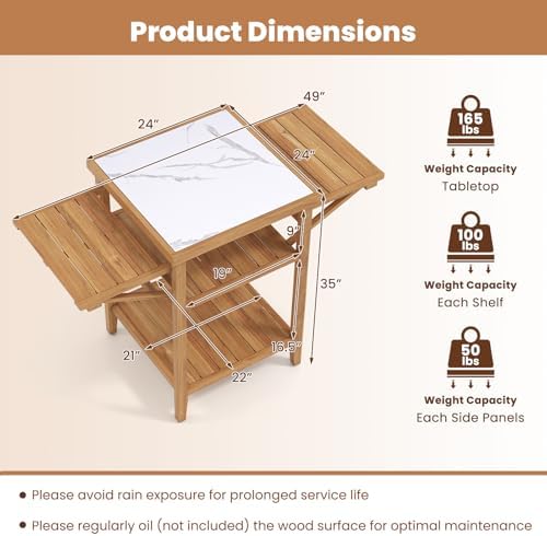 HAPPYGRILL Outdoor Wood Grill Table w/Faux Marble Top, 2-Tier Open Shelves - Image 3