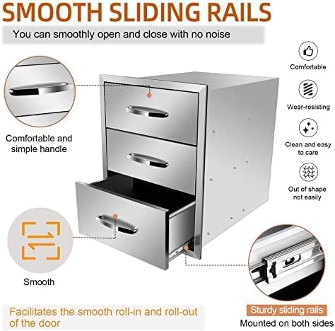 Outdoor Kitchen Drawers Stainless Steel 3-Drawer BBQ Drawer Enclosed Built-in Drawer Flush Mount For Outdoor Kitchens & BBQ Islands,18Wx23Dx24H - Image 5