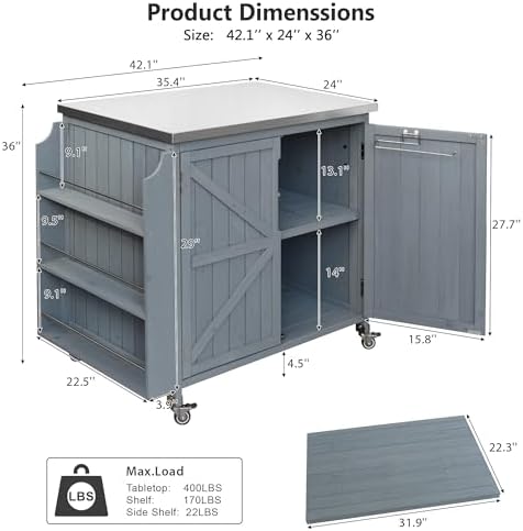 42.1" Outdoor Kitchen Island with Side Shelf and Stainless Top, Grey Blue - Image 2