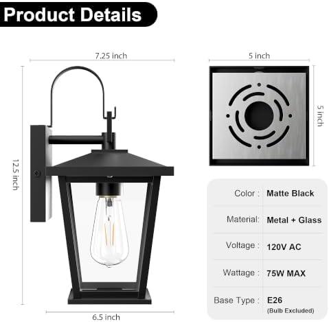 Kalium Outdoor Wall Lantern 2 Pack, Waterproof Exterior Wall Mount Light with Clear Glass in Black Finish, Porch Outside Lighting for Entryway, Backyard, Patio, E26 Base, Clear Glass 12.5 in - Image 4