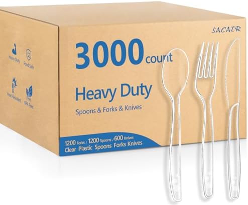 SACATR 3000 Count Clear Plastic Silverware Heavy Duty -Forks, Spoons,Knives by SACATR