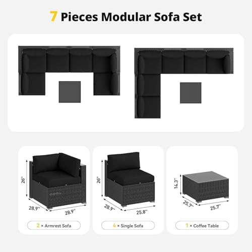 Aoxun Patio Furniture Set with Umbrella, 8 Piece Outdoor Sectional Sofas, Wicker Rattan Outdoor Furniture with Thickened Cushion for Backyard, Garden Black - Image 7