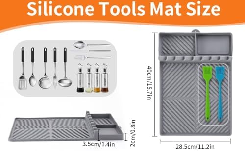 Silicone Griddle Tool Mat for Blackstone, Heat Resistant Side Shelf Mat with Drip Pad – BBQ Grill Accessories for Outdoor Grill, Kitchen Counter, Spatula Holder, Cooking Organizer (2, Gray) - Image 6