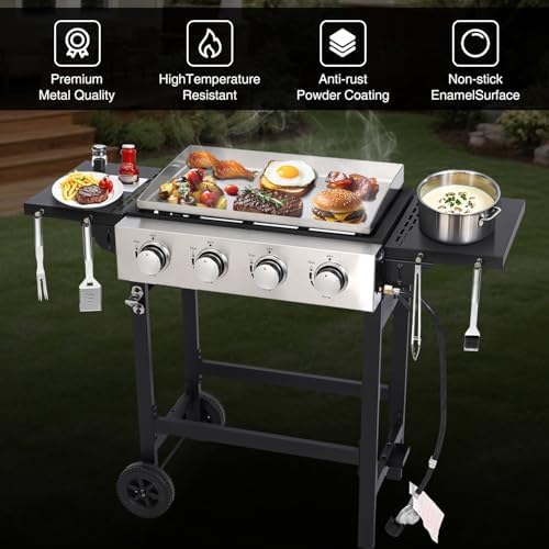 Propane Gas Griddle 4-Burner, Flat Top Grill Griddle, Outdoor Gas Stove with Foldable Side Tables, Wheels - 40,000 BTUs Output, 291 sq.in Cooking Area, for Patio Barbecue, Backyard, BBQ - Image 5