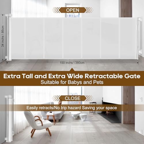 Miumoon 150 inch Reinforced Retractable Baby Gates 34 inch Tall - Image 4