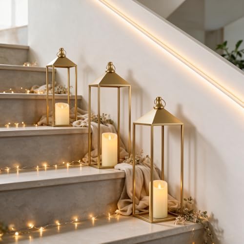 3 Pcs Large Gold Decorative Lanterns with Candles, Metal Candle Lantern - Image 3