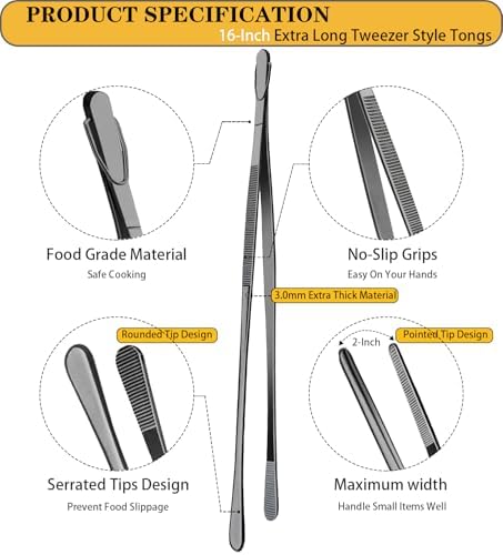 JETKONG 2 Pcs 16-Inch Heavy Duty Plating Tongs, Extra-Long Kitchen Fine Tongs Large Stainless Steel Cooking Forceps (Black) - Image 2