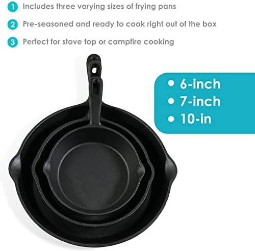 Sunnydaze 3-Piece Pre-Seasoned Heavy-Duty Cast Iron Skillet Set - 6-Inch, 7-Inch, and 10-Inch Black Metal Frying Pans - Image 2