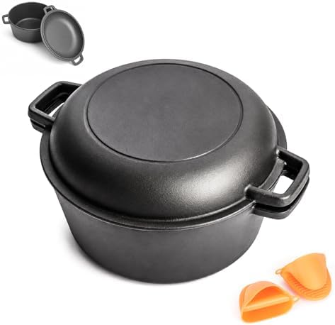 Cast Iron 5 Quart Double Dutch Oven-2-in-1 Pre-Seasoned Pot & Skillet Combo by SafBbcue