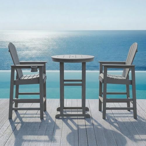 3-Piece Gray HDPE Indoor/Outdoor Bar Height Bistro Set, 31.1" Round Pub Table with 2 Bar Stools, All-Weather Patio Furniture for Balcony, Deck, Poolside & Coastal Use - Image 4