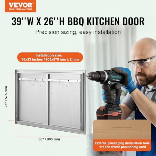 VEVOR BBQ Access Door, 39W x 26H Inch Double Outdoor Kitchen, Stainless Steel Flush Mount, Wall Vertical with Handles and Hooks, for BBQ Island, Grilling Station, Outside Cabinet - Image 2