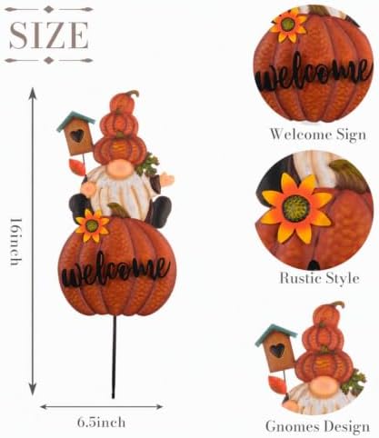 TERESA'S COLLECTIONS Fall Outdoor Decor, Gnomes Decorations for Yard, Metal Pumpkin Fall Garden Decorations, Welcome Signs Stakes, Thanksgiving Orange Autumn Decor for Lawn Patio, 16" - Image 6