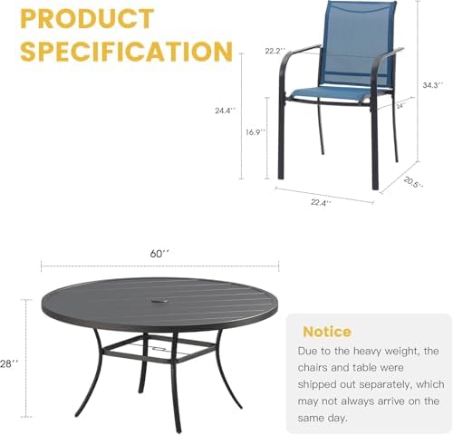 VICLLAX Large Patio Dining Furniture Set, Outdoor Dining Set for 10-60" Round Outdoor Table and Patio Stackable Chairs, Black Tabletop and Blue Fabric - Image 2
