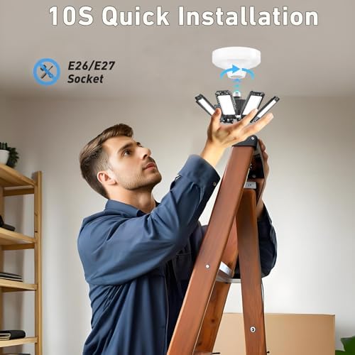 Garage Light 6 Pack - 240W 24000LM 6500K Garage Lights Ceiling LED with 8+1 Deformable Panels, E26/E27 Screw Socket in LED Shop Light for Workshop, Basement, Gym, Barn, Warehouse etc Bay Lighting - Image 6