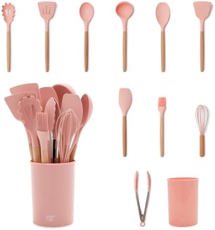 GreenLife 11 Piece Silicone Utensil Crock Set, Nonstick Kitchen Tools, Ladle, Turner, Slotted Turner, Spatula, Spoon, Spaghetti Server, Brush, Whisk, Tongs, Crock, Dusty Pink by GreenLife