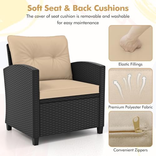 RELAX4LIFE 3-Piece Patio Furniture - Wicker Rattan Bistro Sofa Set w/Glass Top Coffee Table, Washable Cushions for Porch Balcony Backyard Poolside, Outdoor Conversation Set (Beige) - Image 4