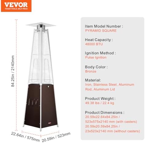 VEVOR Patio Heater for Outdoor Use, 48000BTU Pyramid Propane Heater w/Wheels, Quartz Glass Tube Outdoor Patio Flame Heater for Patio, Party, Backyard, Garden, Decoration, Hammered Bronze - Image 7