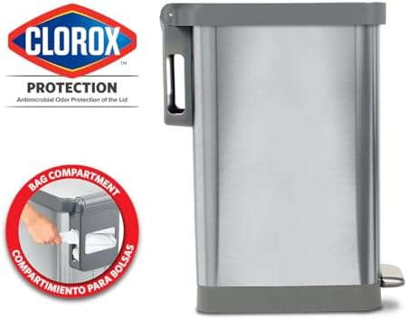 Glad Slim Trash Can with Clorox Odor Protection - Narrow Kitchen Garbage Bin with Soft Close Lid, Step On Foot Pedal and Waste Bag Roll Holder, All Stainless, 12 Gallon/45 Liter - Image 2