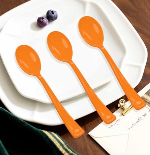 SietDESEO 50 PCS Orange Plastic Spoons Disposable Utensils Heavy Duty Orange Spoons Disposable Cutlery for Birthday Wedding Baby Shower Bridal Shower Plastic Silverware - Image 5