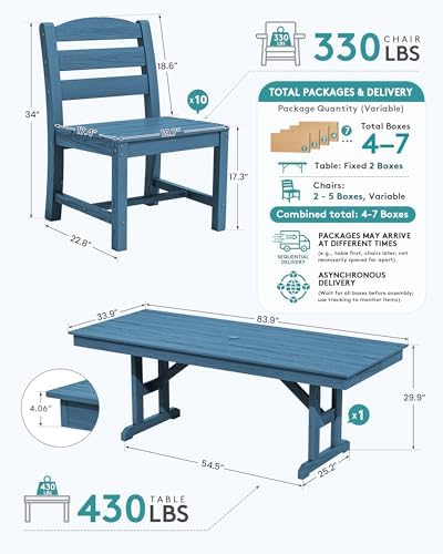 SERWALL 9Pcs 84" HDPE Outdoor Dining Set for 8 with Armless Chairs,Blue - Image 2