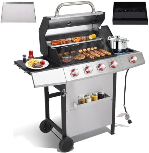 Griddle Grill Combo, 4 Burner Propane Gas and Charcoal Grill Combo with Side Burner, Outdoor BBQ Grill with Cast Iron Grates & Prep Space for Backyard Patio by Unknown