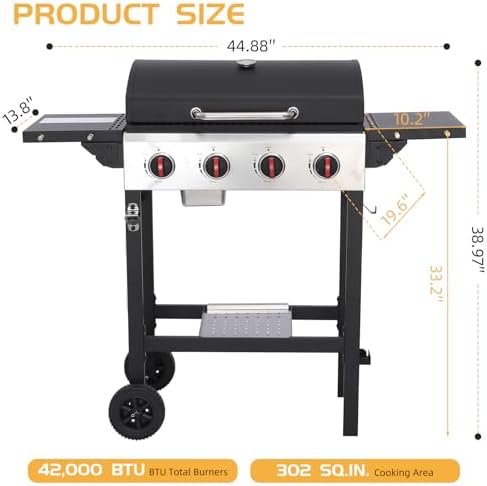 CIG GARDEN 4-Burner Propane Gas Grill, 42,000 BTU Outdoor BBQ with Cast Iron Grates & Side Burner - Backyard, Patio, Camping Grill - Image 2