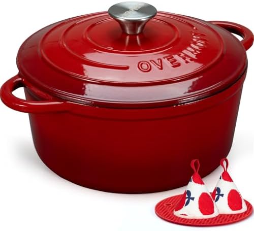 Overmont Enameled Cast Iron Dutch Oven - 7QT Pot with Lid Cookbook & Cotton Potholders - Heavy-Duty Cookware for Braising, Stews, Roasting, Sourdough Baking red by Overmont