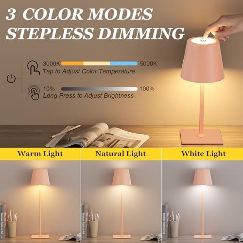 Kakanuo Pink Cordless Rechargeable Table Lamp 5000mAh Battery Operated Lamps, 3 Colors Stepless Dimming Touch Lamp for Living Room, Kitchen Counter, Dining, Outdoor Patio, 2 Pack - Image 2
