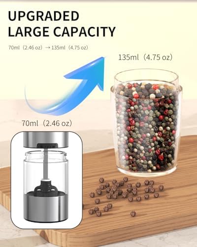 CIRCLE JOY Rechargeable Gravity Electric Salt and Pepper Grinder Set, Stainless Steels Salt and Pepper Mills with LED Light, No Battery Needed, Adjustable Coarseness, Washable 135ml Container, Silver - Image 6