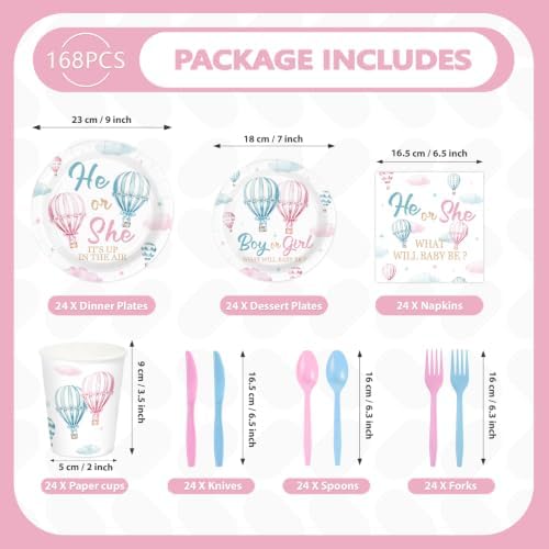 168Pcs Pink and Blue Hot Air Balloon Gender Reveal Party Supplies Serves 24 - Image 2