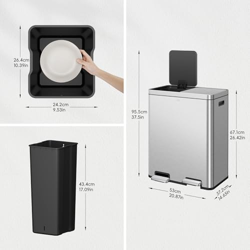EKO Edison Dual Trash Can for Recycling and Trash, 8+8 Gallons Kitchen Garbage Can with Dual Removable Inner Liners, Independent Lids and Pedals, Matte Stainless Steel - Image 2