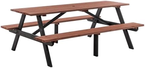 75'' Rectangular Outdoor Dining Table Wooden Patio Dining Table & 2 Built-in Bench for 8, 2" Umbrella Hole, Suitable for Picnic Backyard Garden Porch, Wood Brown - Image 7