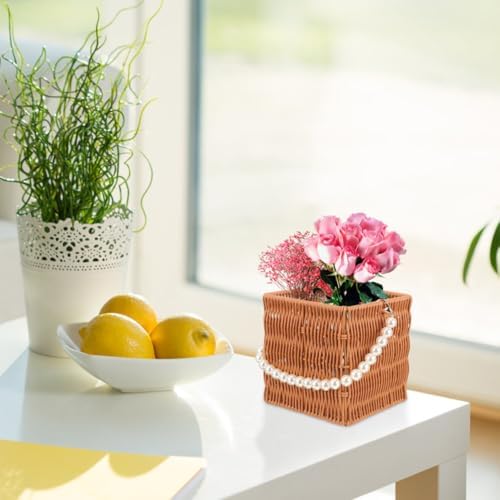 CLISPEED Woven Rattan Baskets Sturdy PP Simulation Rattan Material 2pcs with Pearl Handle, Square and Oval Shape Storage Baskets for Food and Books for Outdoor Picnic and Scenes - Image 4