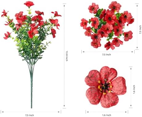 Daisy Artificial Flowers for Outdoors Decor, 12 Bundles Faux Daisy with Eucalyptus Fake Plants Greenery UV Resistant Look Real Colorful Faux Flowers for Outside Planter Porch Patio Yard Gardens, Red - Image 4