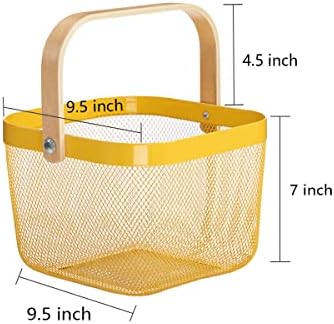 Mesh Steel Storage Organizer Basket Fruit Basket Bin with Wood Handle Ideal for Kitchen Bathroom Picnic Baskets Pantry Cabinets Storage Home Decor (Lemon Yellow) - Image 5