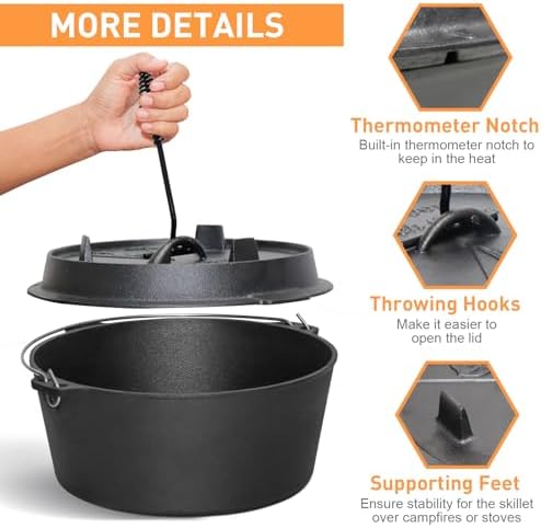 Camping Dutch Oven, 9 Qt Pre-Seasoned Cast Iron Camp Dutch Oven Pot with Lid - Lid Lifter, Cast Iron Dutch Oven with Metal Handle for Cooking BBQ Baking Campfire Modern Black - Image 3