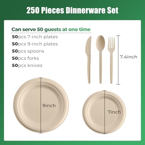 250 Piece Biodegradable Paper Plates Set Disposable Dinnerware Set, Eco Friendly Compostable (EXTRA LONG UTENSILS), Utensil include, Forks, Knives and Spoons for Party andBirthday party, camping - Image 3