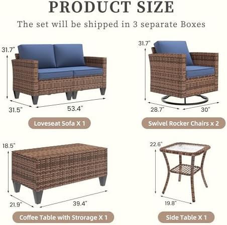 UDPATIO Patio Furniture Set, 5 Pieces Outdoor Wicker Furniture Set with Swivel Rocking Chairs Storage Table and Waterproof Covers for Backyard, Deck, Porch, Navy - Image 3